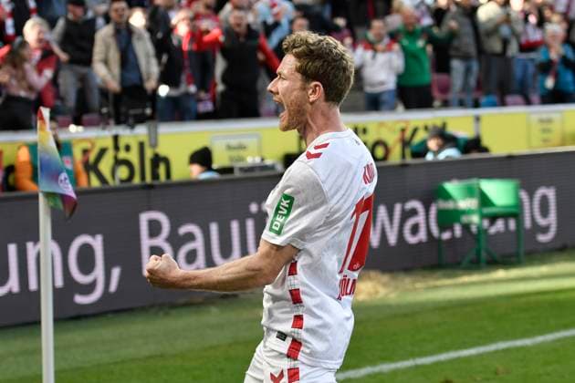 Florian Kainz Koeln 11 cheers after scoring 1 0 23 02 2025 Soccer 1 FC Koeln vs Fortuna Duesseldorf, Rheinenergiestadion, Koeln, DFB DFL REGULATIONS PROHIBIT ANY USE OF PHOTOGRAPHS AS IMAGE SEQUENCES AND OR QUASI VIDEO Copyright: xpepphotox xSaschaxWeizx pep00321, pep_20250223_hm_1587