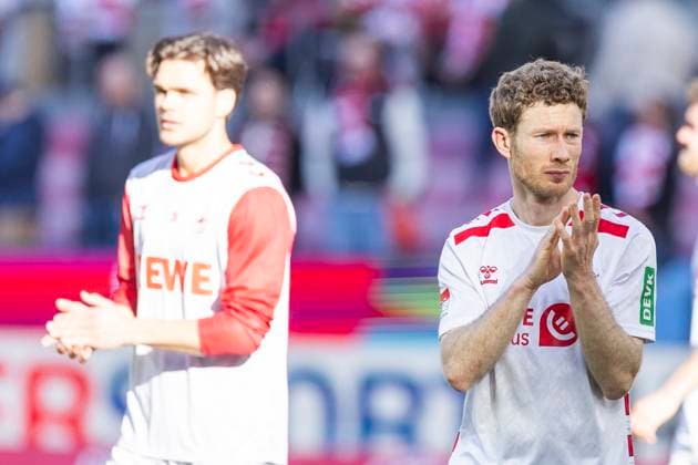 2 Fußball Bundesliga 1 FC Köln Fortuna Düsseldorf, 23 02 2025 Florian Kainz 1 FC Köln, 11 and Max Finkgräfe 1 FC Köln, 35 disappointed after the match 2 Fußball Bundesliga, 1 FC Köln Fortuna Düsseldorf, 23 Spieltag, am 23 02 2025, RheinEnergie Stadion, Köln DFL regulations prohibit any use of photographs as image sequences and or quasi video Copyright: xBEAUTIFULxSPORTS Meuselx