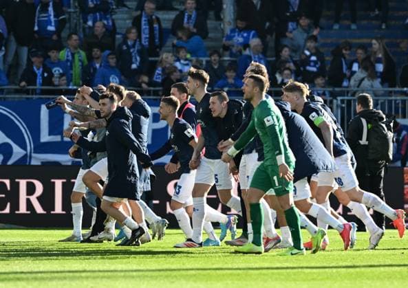 23 02 2025, xsltx, Soccer 2 Bundesliga, SV Darmstadt 98 FC Schalke 04 v l SV Darmstadt 98 celebrates after the 2 0 against Schalke and the end of a dry spell DFL DFB REGULATIONS PROHIBIT ANY USE OF PHOTOGRAPHS as IMAGE SEQUENCES and or QUASI VIDEO