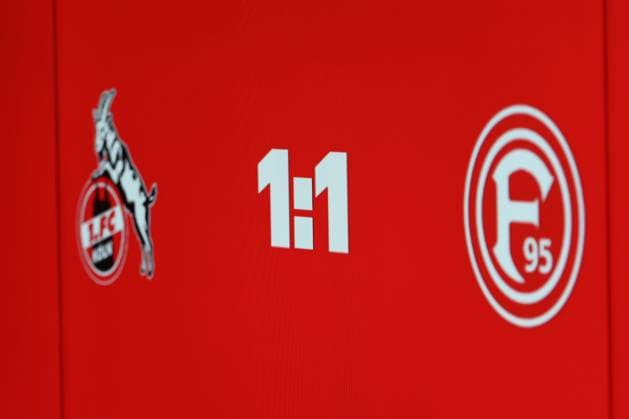 23 02 2025, Football, 1 FC Köln Fortuna Düsseldorf, 2 Fußball Bundesliga, 23 Matchday, RheinEnergie STADION, Season 2024 2025 Scoreboard with the final score 1 1 DFB regulations prohibit any use of photographs as image sequences and or quasi video Nordrhein Westfalen Germany