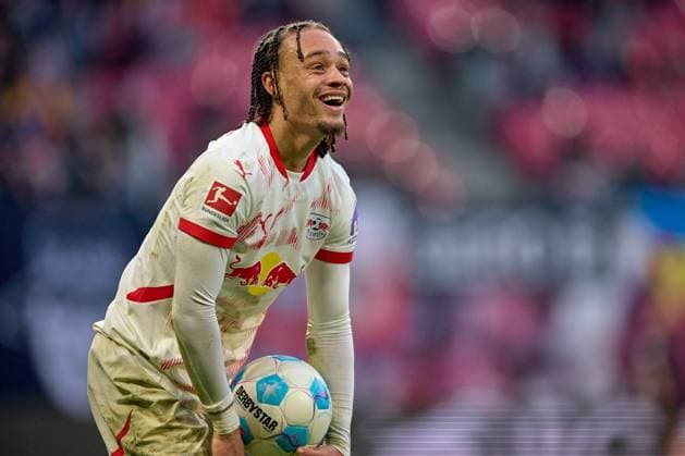 23 02 2025, Football, Men, Bundesliga, 2024 2025, RB Leipzig FC Heidenheim Xavi Simons 10, RB Leipzig , Portrait, laughing, after whistle against him Leipzig Red Bull Arena Saxony Germany
