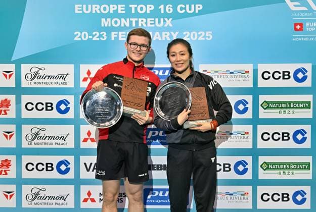 Sport Themen der Woche KW08 Sport Bilder des Tages HAN_Ying-GER-LEBRUN_Alexis-FRA-ET16_2025-ms0982.JPG Europe Top 16 Cup 2025 in Montreux am Sonntag, 23. Februar, im Salle Omnisports du Pierrier - Finale: Ying HAN (Deutschland, KTS Tarnobrzeg, POL), Europe-Top-16-Siegerin 2022 und 2023, und Alexis LEBRUN (Frankreich), Europameister im Einzel und Doppel, die Gewinner des Europe Top 16 Montreux Montreux-Clarens, Salle Omnisport du Pierrier Vaud Schweiz *** HAN Ying GER LEBRUN Alexis FRA ET16 2025 ms0982 JPG Europe Top 16 Cup 2025 in Montreux on Sunday, February 23, in the Salle Omnisports du Pierrier Finale Ying HAN Germany, KTS Tarnobrzeg, POL , Europe Top 16 winner 2022 and 2023, and Alexis LEBRUN France , European champion in singles and doubles, the winners of the Europe Top 16 Montreux Montreux Clarens, Salle Omnisport du Pierrier Vaud Switzerland
