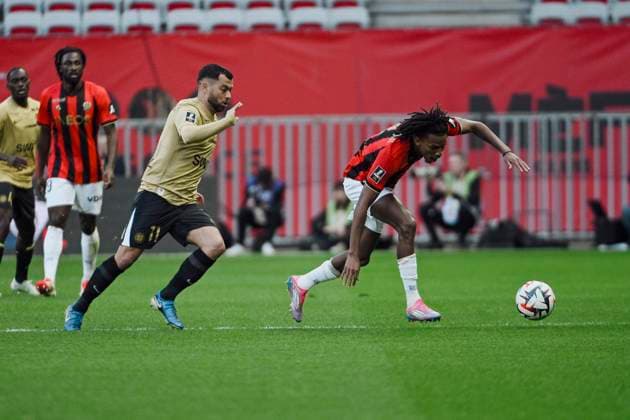 FOOTBALL : Nice vs Montpellier - ligue 1 - 23 2 25 Montpellier s midfielder 11 TÃ ji Savanier and Nice™s forward 29 Evann Guessand during the during the French L1 football match between Nice (OGCN) and Montpellier (MHSC) at Allianz Riviera Stadium of Nice, south France, on February 23, 2025. NICEFrance  Copyright: xfredxDIDES psnewzx