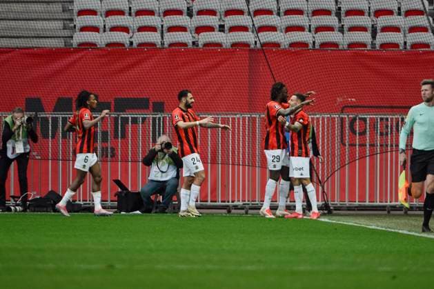 FOOTBALL : Nice vs Montpellier - ligue 1 - 23 2 25 Joy of Nice™s defender 92 Jonathan Clauss after scoring during the during the French L1 football match between Nice (OGCN) and Montpellier (MHSC) at Allianz Riviera Stadium of Nice, south France, on February 23, 2025. NICEFrance  Copyright: xfredxDIDES psnewzx