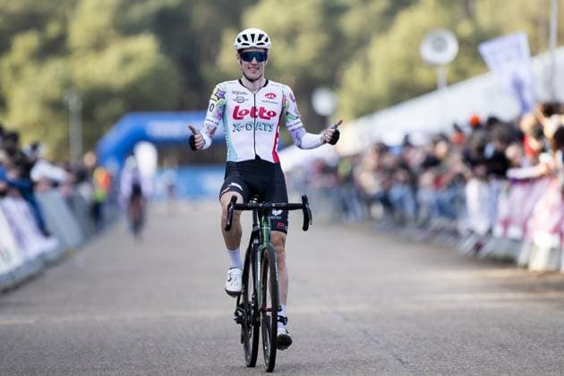Belgian Jens Adams crosses the finish line of the men s elite race at the Sluitingsprijs Oostmalle cyclocross race, Sunday 23 February 2025, in Oostmalle, the last race of the 2024-2025 cyclocross season. KRISTOFxVANxACCOM  x113104664x