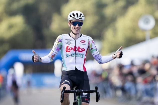 Belgian Jens Adams crosses the finish line of the men s elite race at the Sluitingsprijs Oostmalle cyclocross race, Sunday 23 February 2025, in Oostmalle, the last race of the 2024-2025 cyclocross season. KRISTOFxVANxACCOM  x113104665x