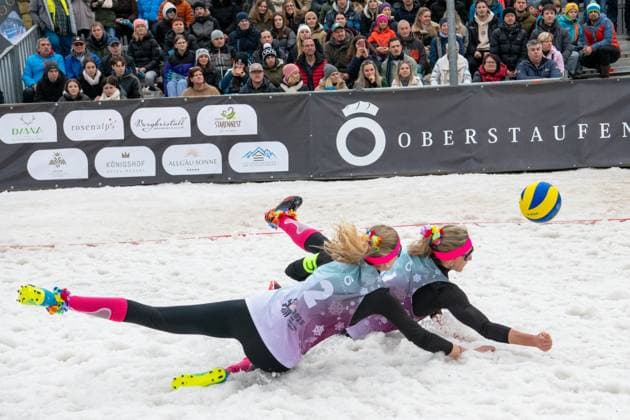 German Snow Volleyball Championships German Snow Volleyball Champions 2025 Nelly Barber, Melanie Gernert, Lydia Scherber from Füchse Berlin Reinickendorf against Michi Henry SV Lohhof , Agantha Leiner SV Lohhof and Eva Schilf TSV Sonthofen On the ground Henry and Leiner Oberstaufen Bavaria Germany Allgäu