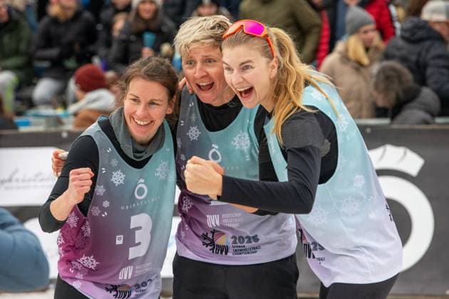 German Snow Volleyball Championships German Snow Volleyball Champions 2025 Nelly Barber, Melanie Gernert, Lydia Scherber from Füchse Berlin Reinickendorf against Michi Henry SV Lohhof , Agantha Leiner SV Lohhof and Eva Schilf TSV Sonthofen Victory celebration Scherber, Gernert and Barber Oberstaufen Bavaria Germany Allgäu