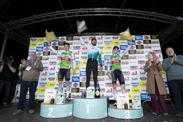 Belgian Laurens Sweeck, Dutch Joris Nieuwenhuis and Belgian Toon Vandebosch celebrate on the podium after the men s elite race at the Sluitingsprijs Oostmalle cyclocross race, Sunday 23 February 2025, in Oostmalle, the last race of the 2024-2025 cyclocross season. KRISTOFxVANxACCOM  x113106844x