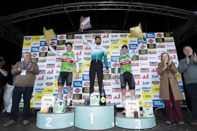 Belgian Laurens Sweeck, Dutch Joris Nieuwenhuis and Belgian Toon Vandebosch celebrate on the podium after the men s elite race at the Sluitingsprijs Oostmalle cyclocross race, Sunday 23 February 2025, in Oostmalle, the last race of the 2024-2025 cyclocross season. KRISTOFxVANxACCOM  x113106864x