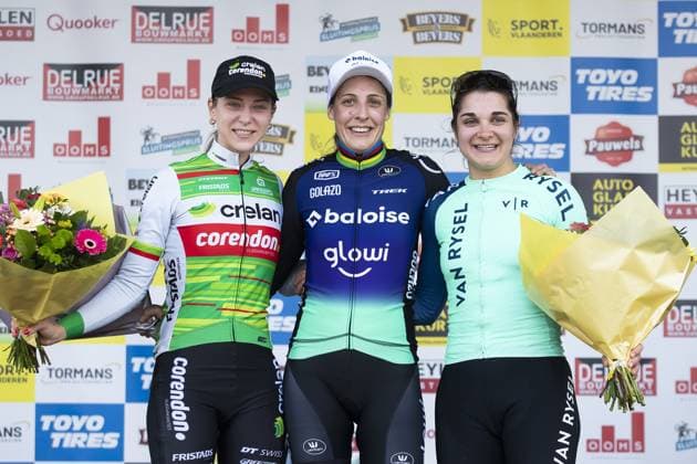 Dutch Inge van der Heijden, Dutch Lucinda Brand and French Helene Clauzel pictured on the podium after the women s elite race at the Sluitingsprijs Oostmalle cyclocross race, Sunday 23 February 2025, in Oostmalle, the last race of the 2024-2025 cyclocross season. KRISTOFxVANxACCOM  x113107780x
