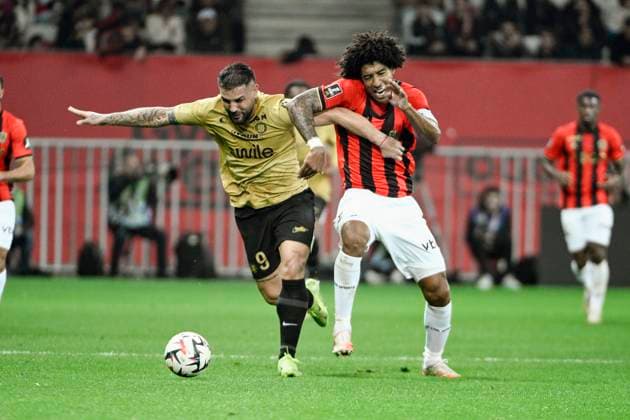 FOOTBALL : Nice vs Montpellier - ligue 1 - 23 2 25 Montpellier s forward 9 Andy Delort and Nice™s defender 4 Dante during the during the French L1 football match between Nice (OGCN) and Montpellier (MHSC) at Allianz Riviera Stadium of Nice, south France, on February 23, 2025. NICEFrance  Copyright: xfredxDIDES psnewzx