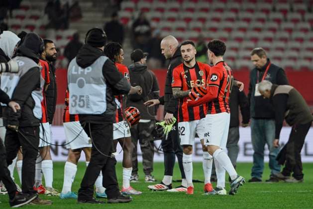FOOTBALL : Nice vs Montpellier - ligue 1 - 23 2 25 Nice™s defender 92 Jonathan Clauss and Nice™s defender 20 Tom Louchet during the during the French L1 football match between Nice (OGCN) and Montpellier (MHSC) at Allianz Riviera Stadium of Nice, south France, on February 23, 2025. NICEFrance  Copyright: xfredxDIDES psnewzx