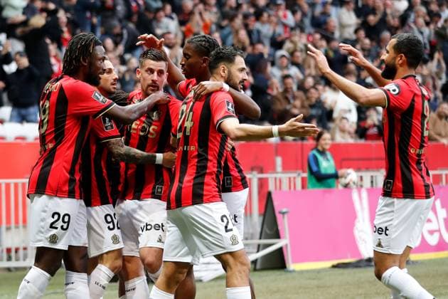 OGC Nice v Montpellier Herault SC - Ligue 1 McDonald s 2024 2025 24 Gaetan LABORDE (ogcn) - 28 Baptiste SANTAMARIA (ogcn) - 64 Moise BOMBITO (ogcn) - 29 Evann GUESSAND (ogcn) during the Ligue 1 McDonald s match between Nice and Montpellier at Allianz Riviera on February 23, 2025 in Nice, France. Nice France  Copyright: xFEPx 776286729