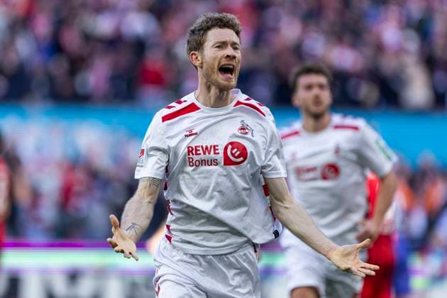 2 Fußball Bundesliga 1 FC Köln Fortuna Düsseldorf, 23 02 2025 Florian Kainz 1 FC Köln, 11 cheers after his goal to lead 1 0 2 Fußball Bundesliga, 1 FC Köln Fortuna Düsseldorf, 23 Spieltag, am 23 02 2025, RheinEnergie Stadion, Köln DFL regulations prohibit any use of photographs as image sequences and or quasi video Copyright: xBEAUTIFULxSPORTS Meuselx