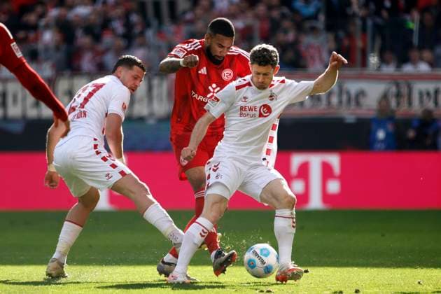 Cologne, Germany, 2 Soccer Bundesliga Season 2024 2025 23 Matchday 1 FC Köln vs Fortuna Düsseldorf 1 1 on 23 02 2025 at Rhein Energie Stadion in Cologne Imad RONDIC FC ,Jamil SIEBERT F 95 and Florian KAINZ FC from left to right