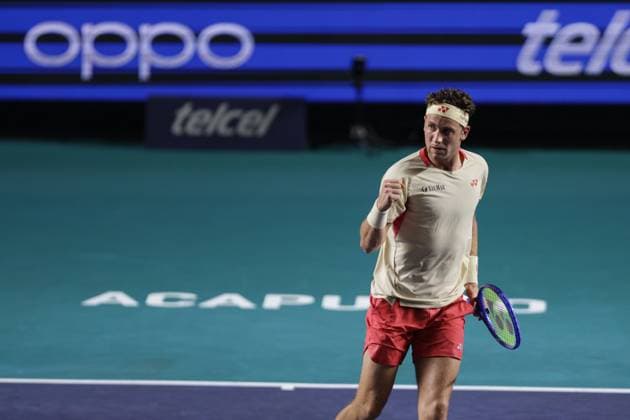 (250225) -- ACAPULCO, Feb. 25, 2025 -- Casper Ruud of Norway celebrates scoring during the men s singles round of 32 match against Arthur Rinderknech of France at the 2025 ATP, Tennis Herren Mexican Open tennis tournament in Acapulco, Mexico, Feb. 24, 2025. (Photo by Xinhua) (SP)MEXICO-ACAPULCO-TENNIS-ATP-MEXICAN OPEN-MEN S SINGLES FranciscoxCanedo 