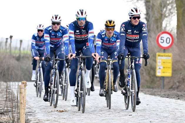 Flanders Classics opening weekend 2025 - training session 26 02 2025 GENT, BELGIUM - FEBRUARY 26 : Cattaneo Mattia (ITA) of Soudal - Quick Step, Evenepoel Remco (BEL) of Soudal - Quick Step and Lampaert Yves (BEL) of Soudal - Quick Step pictured at the Eikenberg during a during a training session ahead of the Flanders Classics opening weekend with Omloop Het Nieuwsblad and Kuurne Brussel Kuurne on February 26, 2025 in Gent, Belgium, 26 02 2025 Gent Belgium  Copyright: xJanxDexMeuleneirx