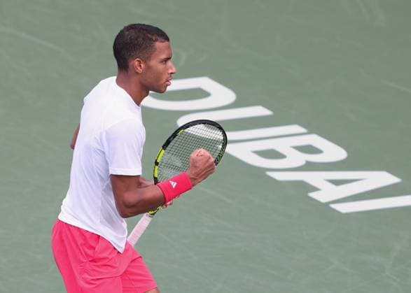 Felix Auger Aliassime CAN makes a fist and cheers,Cheers,Joy,Emotion, Dubai Duty Free Tennis Championships, Dubai, U A E Copyright: xJuergenxHasenkopfx