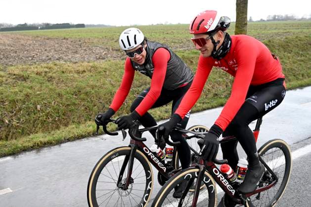 Flanders Classics opening weekend 2025 - training session 27 02 2025 GENT, BELGIUM - FEBRUARY 27 : De Lie Arnaud (BEL) of Lotto Cycling Team and Van Moer Brent (BEL) of Lotto Cycling Team pictured during a training session ahead of the Flanders Classics opening weekend with Omloop Het Nieuwsblad and Kuurne Brussel Kuurne on February 27, 2025 in Gent, Belgium, 27 02 2025 Gent Belgium  Copyright: xJanxDexMeuleneirx