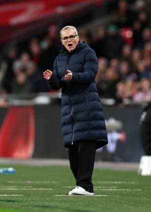London, England, 26th February 2025. Sarina Wiegman manager of England during the International Friendly, Länderspiel, Nationalmannschaft match at Wembley Stadium, London. Picture credit should read: David Klein Sportimage EDITORIAL USE ONLY. No use with unauthorised audio, video, data, fixture lists, club league logos or live services. Online in-match use limited to 120 images, no video emulation. No use in betting, games or single club league player publications. SPI_084_DK_England_W_Spain_W SPI-3706-0090