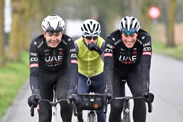 Flanders Classics opening weekend 2025 - training session 27 02 2025 GENT, BELGIUM - FEBRUARY 27 : Vermeersch Florian (BEL) of UAE Team Emirates - XRG and Politt Nils (GER) of UAE Team Emirates - XRG pictured during a training session ahead of the Flanders Classics opening weekend with Omloop Het Nieuwsblad and Kuurne Brussel Kuurne on February 27, 2025 in Gent, Belgium, 27 02 2025 Gent Belgium  Copyright: xJanxDexMeuleneirx
