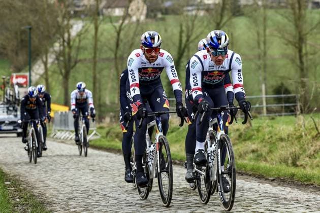 RedBull-BORA-hansgrohe riders pictured in action during a track reconnaissance session ahead of this weekend s one-day cycling race Omloop Het Nieuwsblad, opening race of the Flemish classic one day races season, Friday 28 February 2025. DAVIDxPINTENS  x113659028x