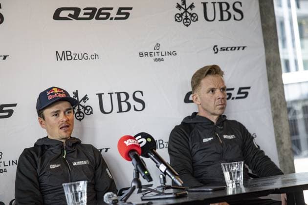 British Tom Pidcock of Q36.5 Pro Cycling Team and Q36.5 Pro Cycling Team sports director Kurt Bogaerts pictured during a press conference, PK, Pressekonferenz of Q36.5 Pro Cycling Team, Friday 28 February 2025, in Waregem, ahead of this weekend s one-day cycling race Omloop Het Nieuwsblad, opening race of the Flemish classic one day races season. DAVIDxPINTENS  x113664180x