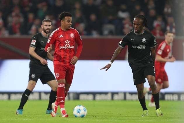 Mayron van Brederode Fortuna Duesseldorf uind Noel Futkeu SpVgg Greuther Fürth in a duel during the 2 Bundesliga match between Fortuna Duesseldorf and SpVgg Greuther Fürth at Merkur Spiel Arena on February 28, 2025 in Duesseldorf, Germany Photo by Oliver Kaelke DeFodi Images Mayron van Brederode Fortuna Duesseldorf uind Noel Futkeu SpVgg Greuther Fürth battle for the ball during the 2 Bundesliga match between Fortuna Düsseldorf and SpVgg Greuther Fürth at Merkur Spiel Arena on February 28, 2025 in Düsseldorf, Germany Photo by Oliver Kaelke DeFodi Images DFB DFL REGULATIONS PROHIBIT ANY USE OF PHOTOGRAPHS AS IMAGE SEQUENCES AND OR QUASI VIDEO Photo by Oliver Kaelke DeFodi Images