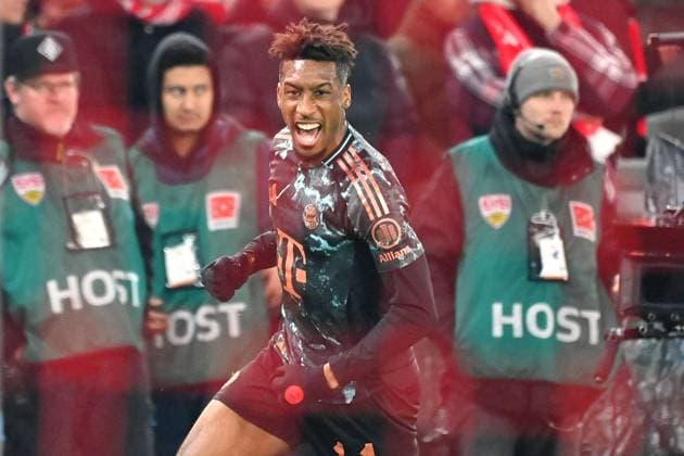 Goal celebration Kingsley COMAN Bayern Muenchen after scoring 1 3,Action, Cheering,Joy,Enthusiasm, Soccer 1 Bundesliga Season 2024 2025, 24 Matchday, Matchday24, VfB Stuttgart FC Bayern Muenchen 1 3 on 28 02 2025 MHP ARENA