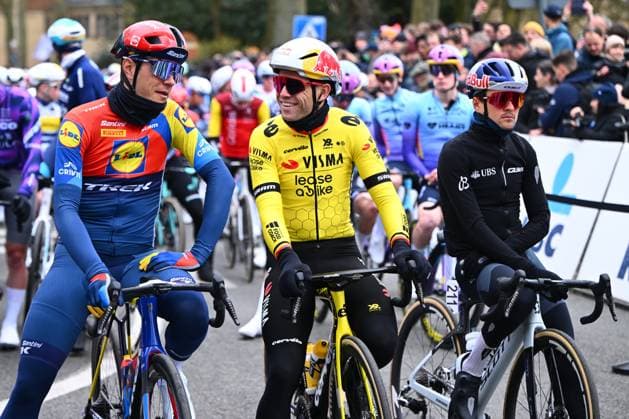 Omloop Het Nieuwsblad 2025 Cycling Race Ninove, Belgium - March 01 : Van Aert Wout (BEL) of Team Visma - Lease a Bike, Stuyven Jasper (BEL) of Lidl - Trek and Pidcock Thomas (GBR) GBR of Q36.5 Pro Cycling Team at the start during the Men Elite UCI World Tour 80th Flanders Classics Omloop Het Nieuwsblad cycling race of 197 kms with start in Ghent and finish in Ninove on March 1, 2025 in Ninove, Belgium, 1 03 2025 ( Motordriver Kenny Verfaillie - Ninove Belgium  Copyright: xVincentxKalutx
