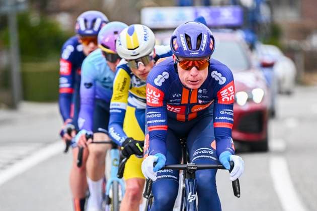 Omloop Het Nieuwsblad 2025 Cycling Race Ninove, Belgium - March 01 : Van Den Berg Julius (NED) of Team Picnic Postnl leading the escape pack during the Men Elite UCI World Tour 80th Flanders Classics Omloop Het Nieuwsblad cycling race of 197 kms with start in Ghent and finish in Ninove on March 1, 2025 in Ninove, Belgium, 1 03 2025 ( Motordriver Kenny Verfaillie - Ninove Belgium  Copyright: xVincentxKalutx