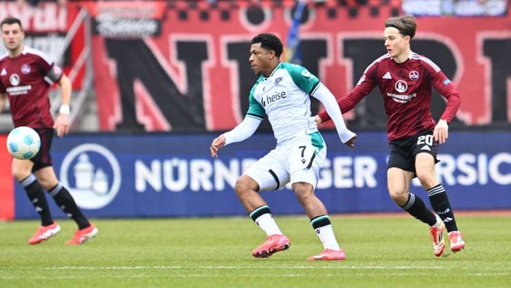 01 03 2025 Soccer Season 2024 2025 2 Soccer Bundesliga 24 Matchday 1 FC Nürnberg FCN Club Hannover 96 H96 Sportfoto Zink xwoxzix DFL regulations prohibit any use of photographs as image sequences and or quasi video only for editorial use Jessic Ngankam 7, Hannover 96 H96 Caspar Jander 20, 1 FC Nürnberg FCN