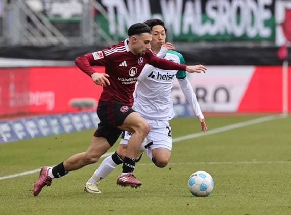 01 03 2025 Soccer Season 2024 2025 2 Soccer Bundesliga 24 Matchday 1 FC Nürnberg FCN Club Hannover 96 H96 Sportfoto Zink DaMa xdaxmax DFL regulations prohibit any use of photographs as image sequences and or quasi video only for editorial use Berkay Yilmaz 21, 1 FC Nürnberg FCN Sei Muroya 21, Hannover 96 H96