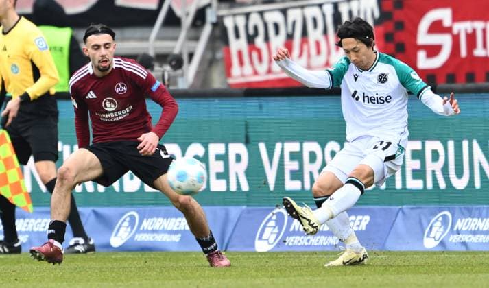 01 03 2025 Soccer Season 2024 2025 2 Soccer Bundesliga 24 Matchday 1 FC Nürnberg FCN Club Hannover 96 H96 Sportfoto Zink xwoxzix DFL regulations prohibit any use of photographs as image sequences and or quasi video only for editorial use Berkay Yilmaz 21, 1 FC Nürnberg FCN Sei Muroya 21, Hannover 96 H96