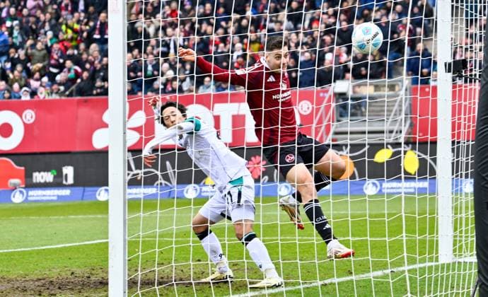 01 03 2025 Soccer Season 2024 2025 2 Soccer Bundesliga 24 Matchday 1 FC Nürnberg FCN Club Hannover 96 H96 Sportfoto Zink xwoxzix DFL regulations prohibit any use of photographs as image sequences and or quasi video only for editorial use Stefanos Tzimas 9, 1 FC Nürnberg FCN erzielt Treffer Tor Torschuß zum 1 0 gegen Sei Muroya 21, Hannover 96 H96