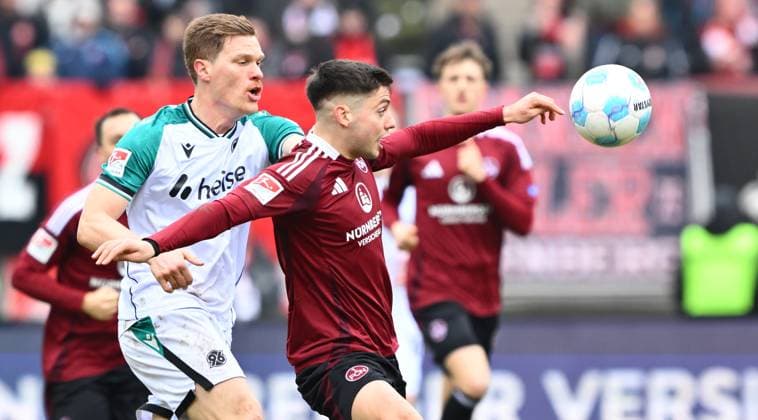 01 03 2025 Soccer Season 2024 2025 2 Soccer Bundesliga 24 Matchday 1 FC Nürnberg FCN Club Hannover 96 H96 Sportfoto Zink xwoxzix DFL regulations prohibit any use of photographs as image sequences and or quasi video only for editorial use Marcel Halstenberg 23, Hannover 96 H96 Stefanos Tzimas 9, 1 FC Nürnberg FCN