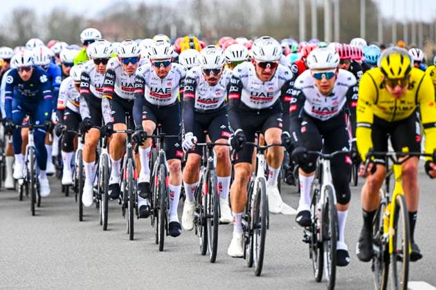 Omloop Het Nieuwsblad 2025 Cycling Race Ninove, Belgium - March 01 : Team UAE Team Emirates - XRG in action, Politt Nils (GER) of UAE Team Emirates - XRG, Wellens Tim (BEL) of UAE Team Emirates - XRG during the Men Elite UCI World Tour 80th Flanders Classics Omloop Het Nieuwsblad cycling race of 197 kms with start in Ghent and finish in Ninove on March 1, 2025 in Ninove, Belgium, 1 03 2025 ( Motordriver Kenny Verfaillie - Ninove Belgium  Copyright: xVincentxKalutx