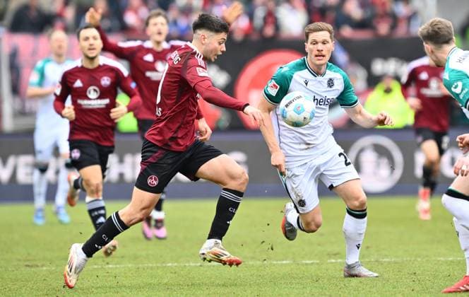 01 03 2025 Soccer Season 2024 2025 2 Soccer Bundesliga 24 Matchday 1 FC Nürnberg FCN Club Hannover 96 H96 Sportfoto Zink xwoxzix DFL regulations prohibit any use of photographs as image sequences and or quasi video only for editorial use Stefanos Tzimas 9, 1 FC Nürnberg FCN Marcel Halstenberg 23, Hannover 96 H96