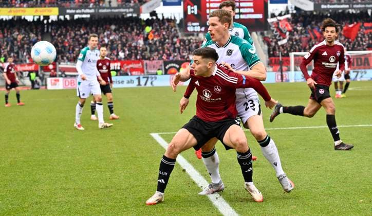 01 03 2025 Soccer Season 2024 2025 2 Soccer Bundesliga 24 Matchday 1 FC Nürnberg FCN Club Hannover 96 H96 Sportfoto Zink xwoxzix DFL regulations prohibit any use of photographs as image sequences and or quasi video only for editorial use Stefanos Tzimas 9, 1 FC Nürnberg FCN Marcel Halstenberg 23, Hannover 96 H96