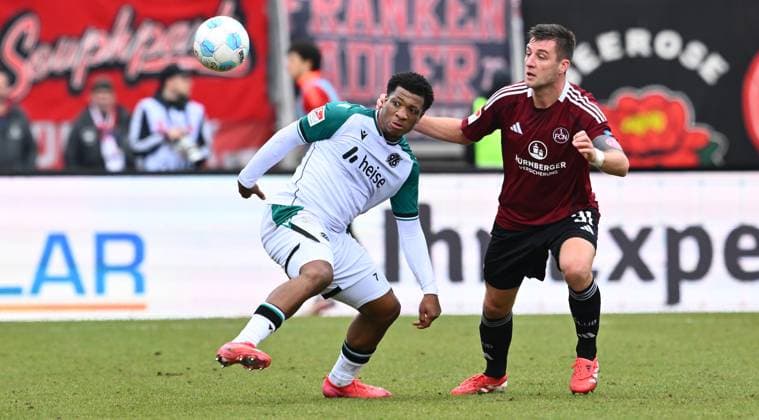 01 03 2025 Soccer Season 2024 2025 2 Soccer Bundesliga 24 Matchday 1 FC Nürnberg FCN Club Hannover 96 H96 Sportfoto Zink xwoxzix DFL regulations prohibit any use of photographs as image sequences and or quasi video only for editorial use Jessic Ngankam 7, Hannover 96 H96 Robin Knoche 31, 1 FC Nürnberg FCN