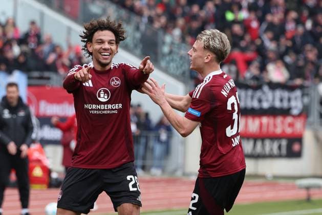 Goal celebration by Janis Antiste 28 1 FC Nuernberg , Tim Janisch 32 1 FC Nuernberg to 1 0 1 FC Nuernberg vs Hannover 96, Soccer, 2 Bundesliga, 24 Matchday, 01 03 2025 DFB regulations prohibit any use of photographs as image sequences and or quasi video Nuernberg Bayern Germany Copyright: xkolbert-press MartinxAgüerax