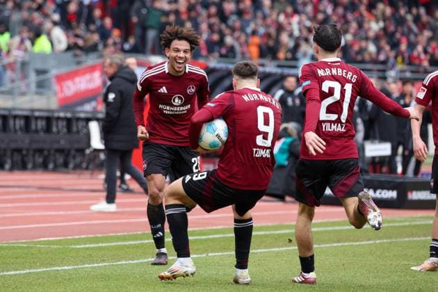Goal celebration by Janis Antiste 28 1 FC Nuernberg , Stefanos Tzimas 9 1 FC Nuernberg , Berkay Yilmaz 21 1 FC Nuernberg to 1 0 1 FC Nuernberg vs Hannover 96, Football, 2 Bundesliga, 24 Matchday, 01 03 2025 DFB regulations prohibit any use of photographs as image sequences and or quasi video Nuernberg Bayern Germany Copyright: xkolbert-press MartinxAgüerax
