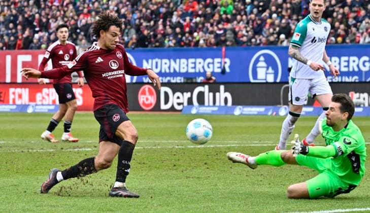 01 03 2025 Soccer Season 2024 2025 2 Soccer Bundesliga 24 Matchday 1 FC Nürnberg FCN Club Hannover 96 H96 Sportfoto Zink xwoxzix DFL regulations prohibit any use of photographs as image sequences and or quasi video only for editorial use Janis Antiste 28, 1 FC Nürnberg FCN Ron Robert Zieler 1, Hannover 96 H96