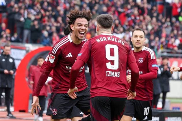 Goal celebration by Janis Antiste 28 1 FC Nuernberg , Stefanos Tzimas 9 1 FC Nuernberg to 1 0 1 FC Nuernberg vs Hannover 96, Soccer, 2 Bundesliga, 24 Matchday, 01 03 2025 DFB regulations prohibit any use of photographs as image sequences and or quasi video Nuernberg Bayern Germany Copyright: xkolbert-press MartinxAgüerax