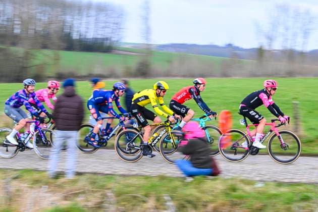 Omloop Het Nieuwsblad 2025 Cycling Race Ninove, Belgium - March 01 : Benoot Tiesj (BEL) of Team Visma Lease A Bike, Valgren Michael (DEN) of Ef Education - Easypost in action during the Men Elite UCI World Tour 80th Flanders Classics Omloop Het Nieuwsblad cycling race of 197 kms with start in Ghent and finish in Ninove on March 1, 2025 in Ninove, Belgium, 1 03 2025 ( Motordriver Kenny Verfaillie - Ninove Belgium  Copyright: xVincentxKalutx