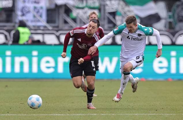 01 03 2025 Soccer Season 2024 2025 2 Soccer Bundesliga 24 Matchday 1 FC Nürnberg FCN Club Hannover 96 H96 Sportfoto Zink DaMa xdaxmax DFL regulations prohibit any use of photographs as image sequences and or quasi video only for editorial use Julian Justvan 10, 1 FC Nürnberg FCN Fabian Kunze 6, Hannover 96 H96
