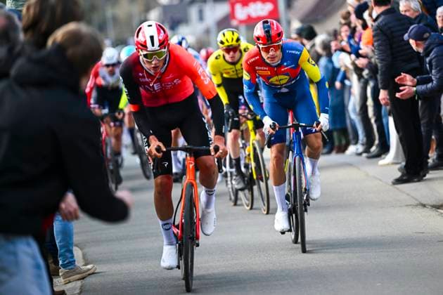 Omloop Het Nieuwsblad 2025 Cycling Race Ninove, Belgium - March 01 : Rider of Lidl - Trek in action during the Men Elite UCI World Tour 80th Flanders Classics Omloop Het Nieuwsblad cycling race of 197 kms with start in Ghent and finish in Ninove on March 1, 2025 in Ninove, Belgium, 1 03 2025 ( Motordriver Kenny Verfaillie - Ninove Belgium  Copyright: xVincentxKalutx