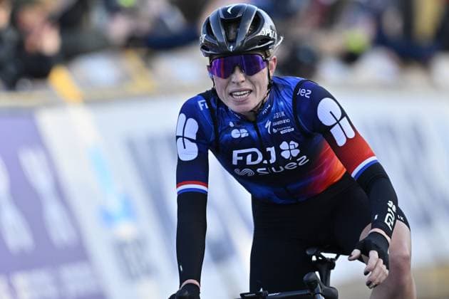 Dutch Demi Vollering of FDJ-Suez crosses the finish line of the women s one-day cycling race Omloop Het Nieuwsblad (UCI World Tour), 137,9km from Gent to Ninove, Saturday 01 March 2025. DIRKxWAEM  x113858594x