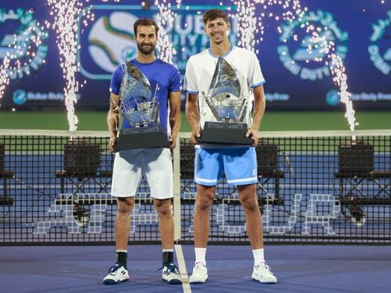 L R Winner Yuki Bhambri and Alexei Popyrin with the trophy, Trophy, Men s Doubles, Award Ceremony, PresentationDubai Duty Free Tennis Championships, Dubai, U A E Tennis Dubai Tennis Championships 2025 ATP 500 Dubai Duty Free Tennis Stadium Dubai United Arab Emirates 1 March 2025 Copyright: xJuergenxHasenkopfx